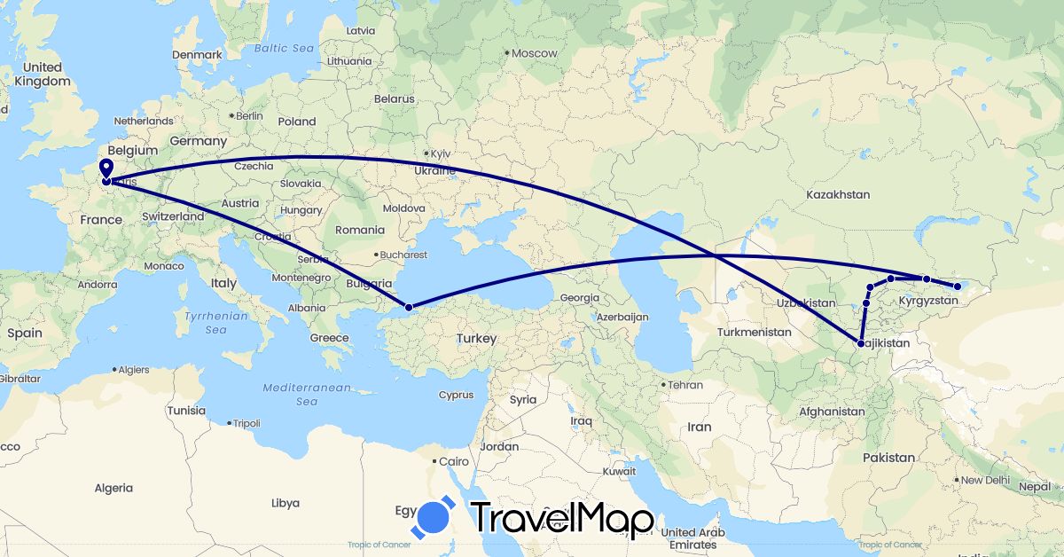TravelMap itinerary: driving in France, Kyrgyzstan, Kazakhstan, Tajikistan, Turkey, Uzbekistan (Asia, Europe)